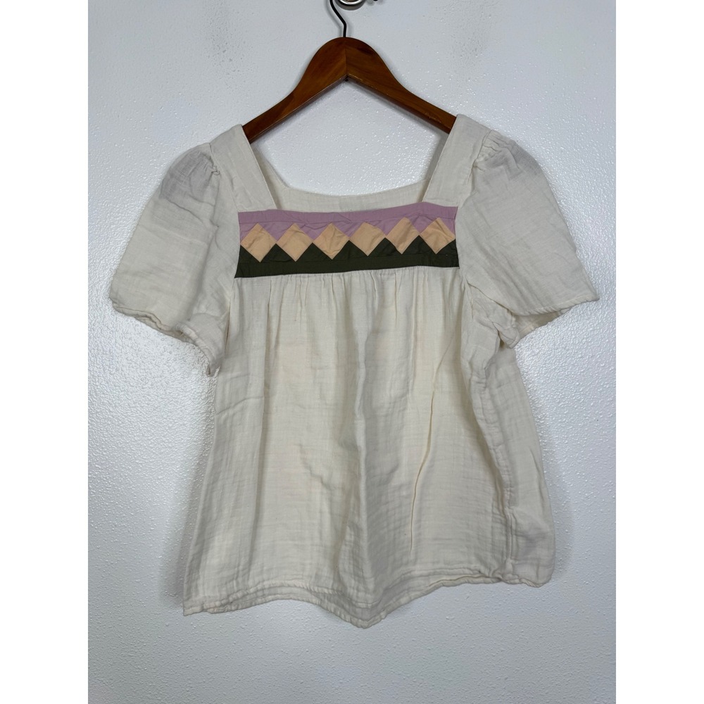 Madewell Light Cream Gauze Square Neck Top Geometric Applique AK024 Womens Small